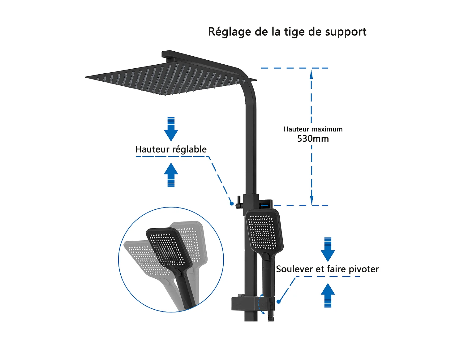 AICA Colonne de douche noir Ensemble de douche thermostatique Carré 30*30 cm Pommeau douche 3 jets Hauteur 73-115 cm