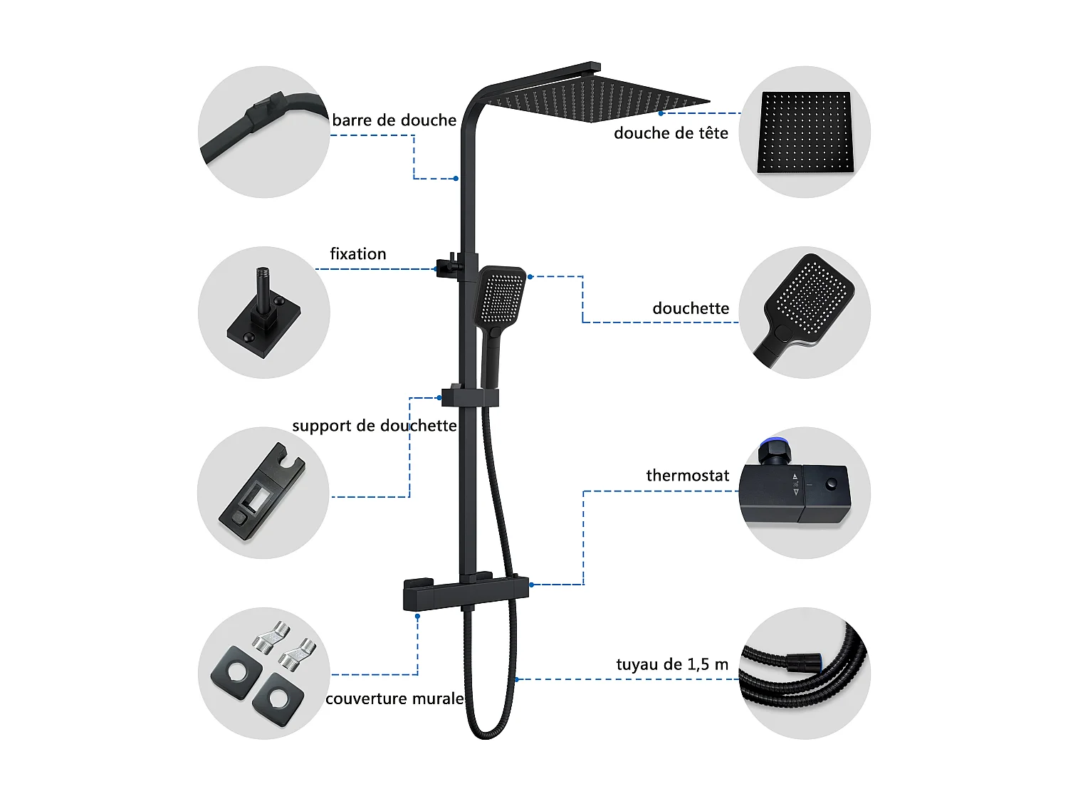 AICA Colonne de douche noir Ensemble de douche thermostatique Carré 30*30 cm Pommeau douche 3 jets Hauteur 73-115 cm