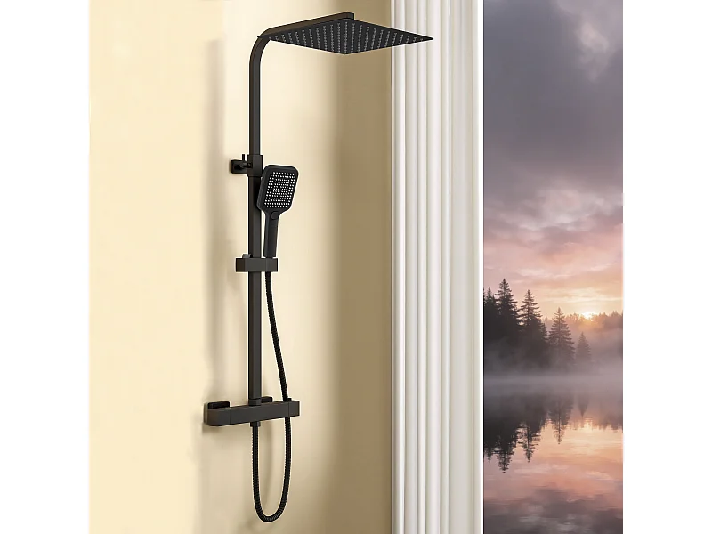AICA Colonne de douche noir Ensemble de douche thermostatique Carré 30*30 cm Pommeau douche 3 jets Hauteur 73-115 cm