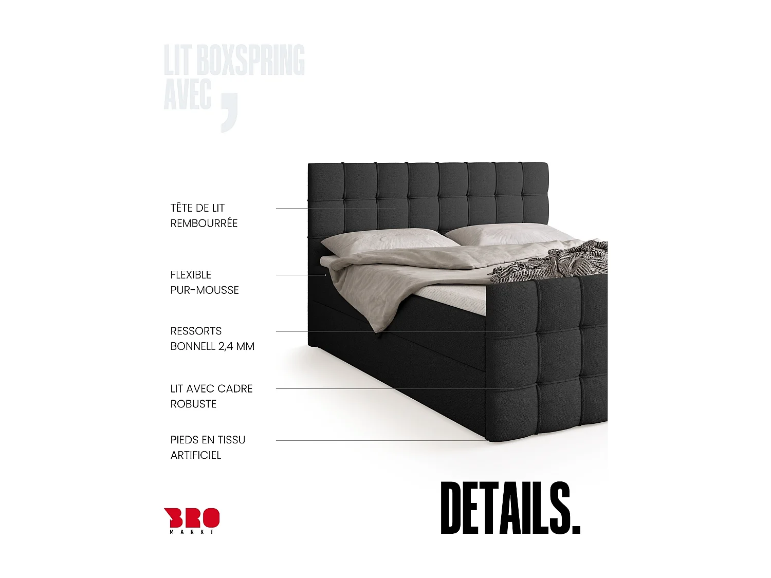 Lit boxspring avec rangement DETROIT DUO - matelas - surmatelas - gris foncé - 140x200 cm