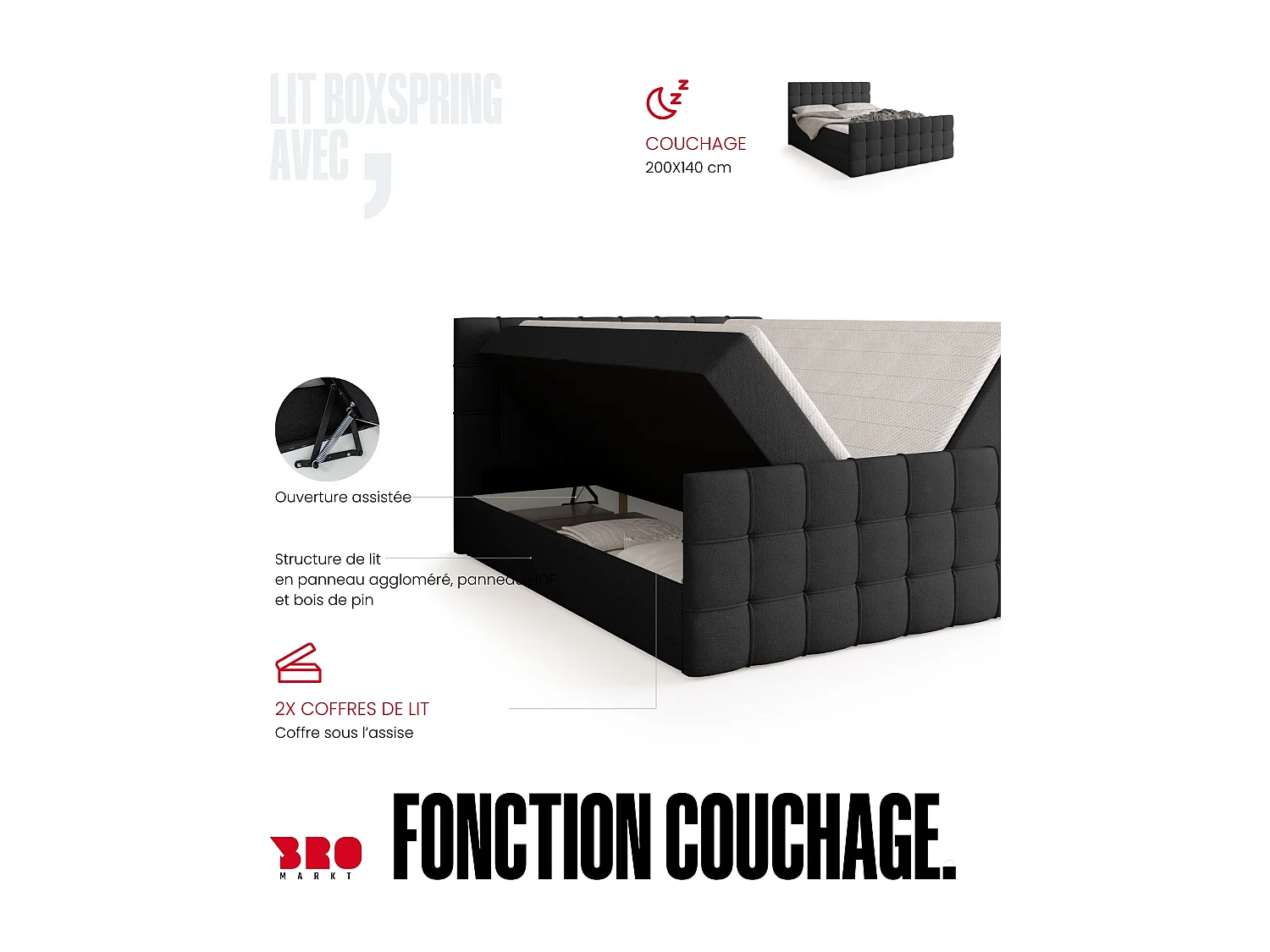 Lit boxspring avec rangement DETROIT DUO - matelas - surmatelas - gris foncé - 140x200 cm