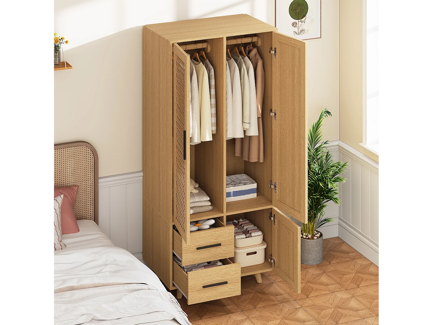 Armoire 3 Portes 2 Tiroirs en Rotin et Bois Chêne Clair, Rangement Moderne, Style Naturel Scandinave, Montage Rapide