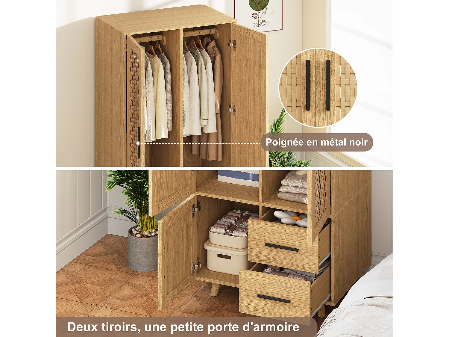 Armoire 3 Portes 2 Tiroirs en Rotin et Bois Chêne Clair, Rangement Moderne, Style Naturel Scandinave, Montage Rapide