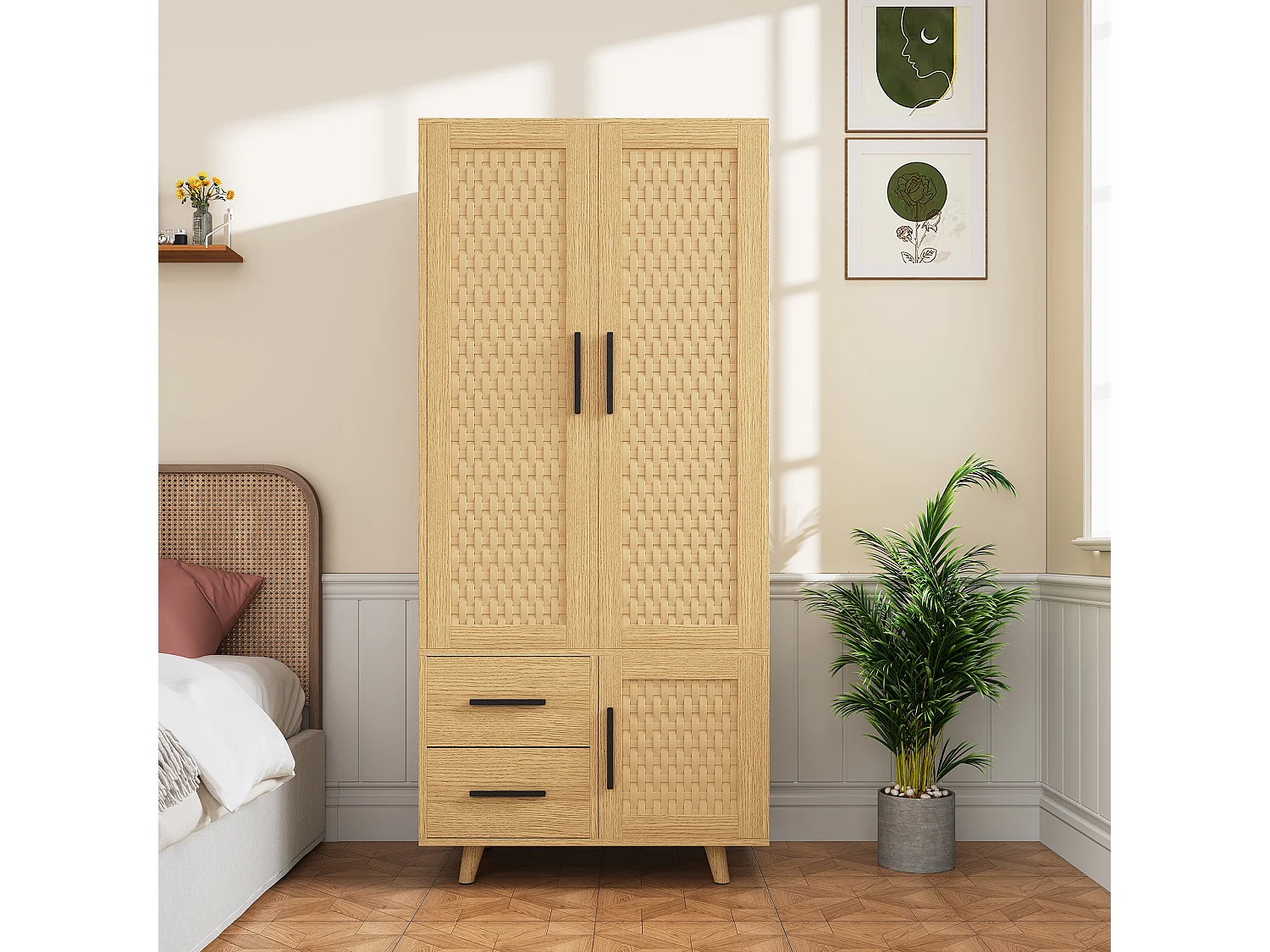 Armoire 3 Portes 2 Tiroirs en Rotin et Bois Chêne Clair, Rangement Moderne, Style Naturel Scandinave, Montage Rapide