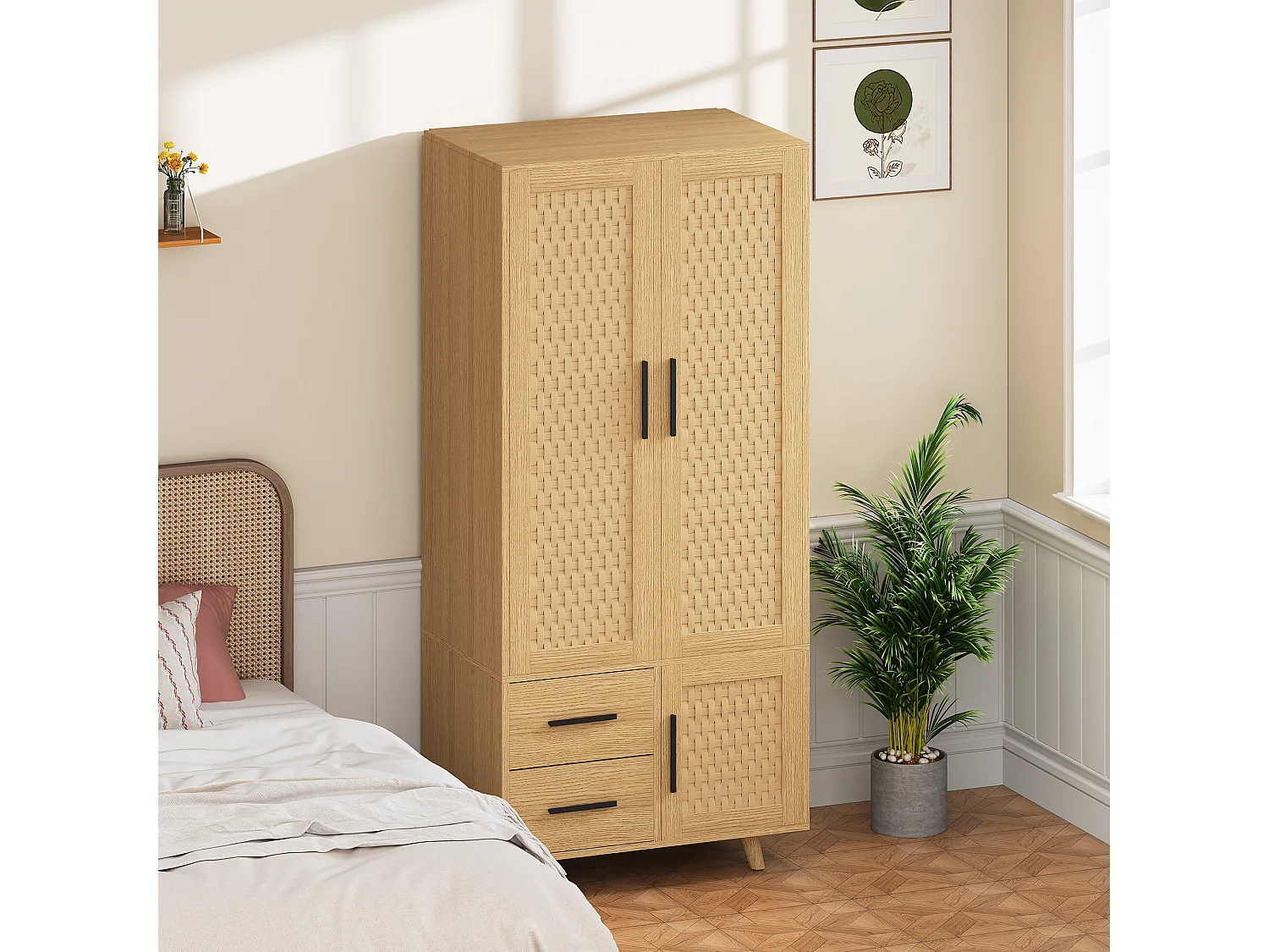 Armoire 3 Portes 2 Tiroirs en Rotin et Bois Chêne Clair, Rangement Moderne, Style Naturel Scandinave, Montage Rapide