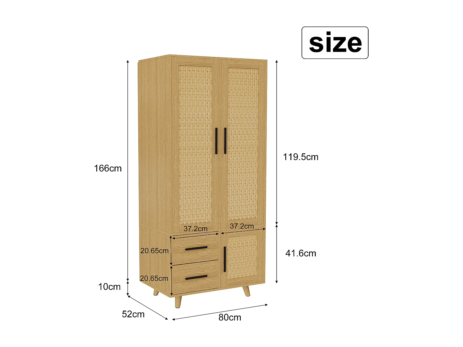 Armoire 3 Portes 2 Tiroirs en Rotin et Bois Chêne Clair, Rangement Moderne, Style Naturel Scandinave, Montage Rapide