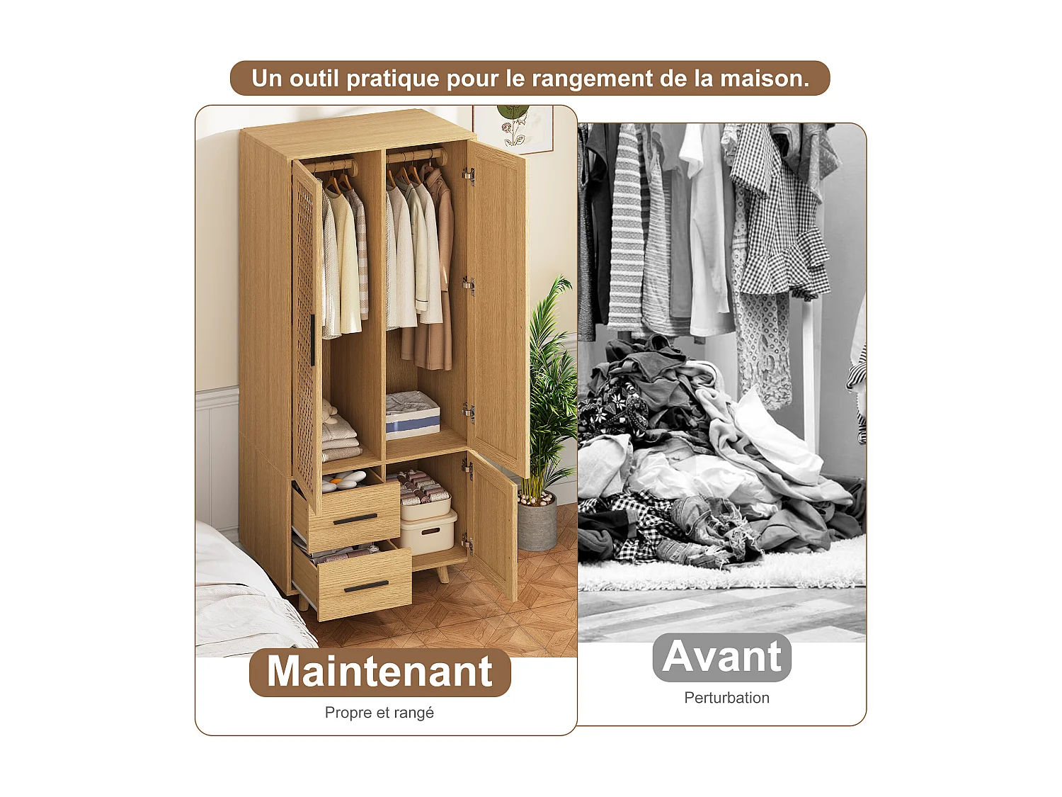 Armoire 3 Portes 2 Tiroirs en Rotin et Bois Chêne Clair, Rangement Moderne, Style Naturel Scandinave, Montage Rapide