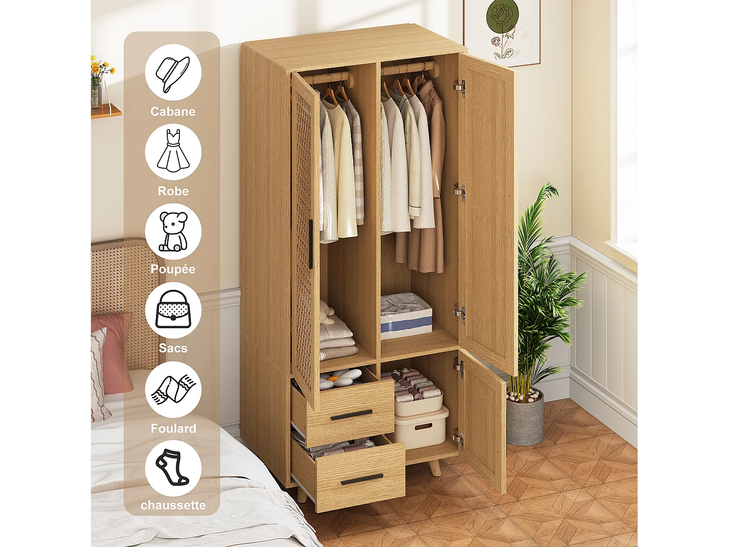 Armoire 3 Portes 2 Tiroirs en Rotin et Bois Chêne Clair, Rangement Moderne, Style Naturel Scandinave, Montage Rapide