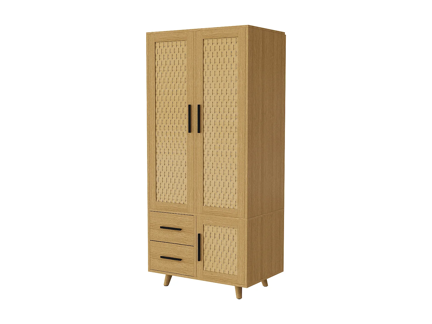 Armoire 3 Portes 2 Tiroirs en Rotin et Bois Chêne Clair, Rangement Moderne, Style Naturel Scandinave, Montage Rapide
