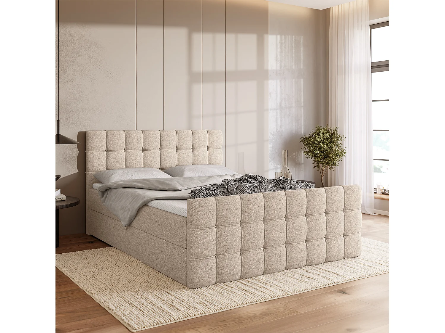 Lit boxspring avec rangement DETROIT DUO - matelas - surmatelas - crème - 140x200 cm