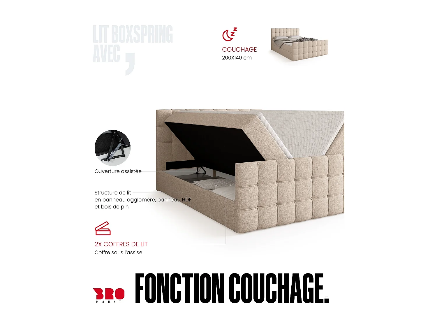 Lit boxspring avec rangement DETROIT DUO - matelas - surmatelas - crème - 140x200 cm