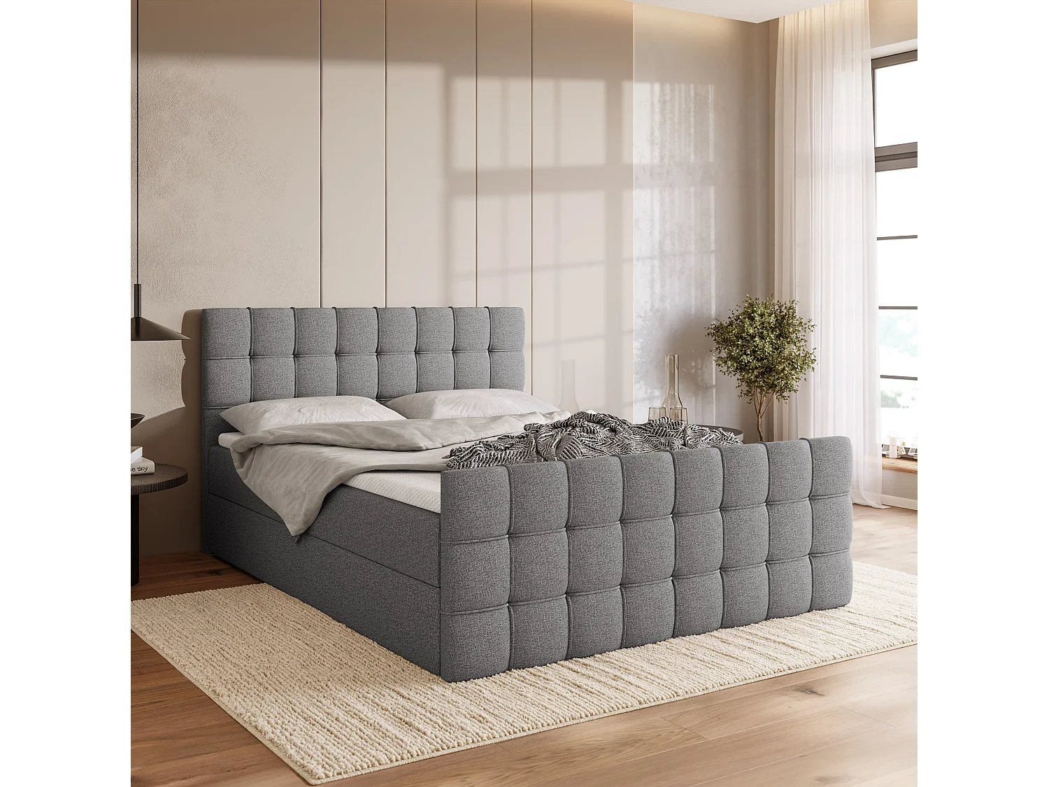 Lit boxspring avec rangement DETROIT DUO - matelas - surmatelas - gris clair - 180x200 cm