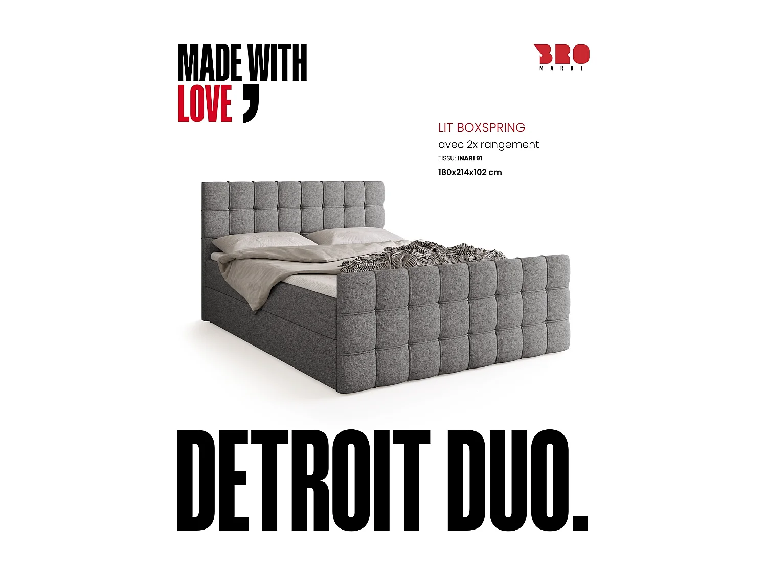 Lit boxspring avec rangement DETROIT DUO - matelas - surmatelas - gris clair - 180x200 cm