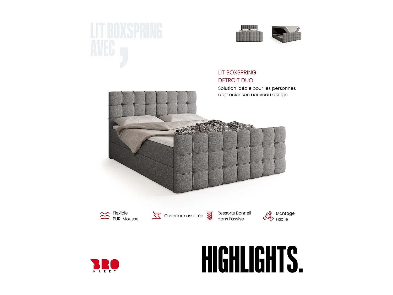 Lit boxspring avec rangement DETROIT DUO - matelas - surmatelas - gris clair - 180x200 cm