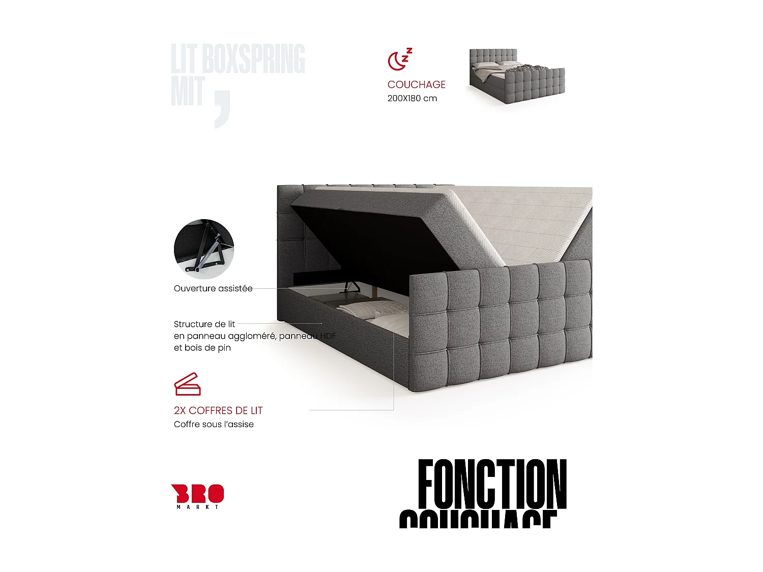 Lit boxspring avec rangement DETROIT DUO - matelas - surmatelas - gris clair - 180x200 cm