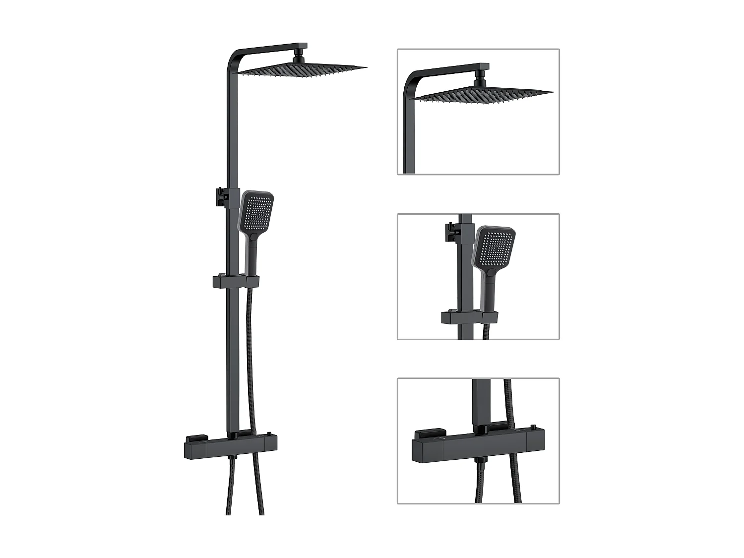 AICA Colonne de Douche Thermostatique 38°C Ensemble de Douche Noir avec Pomme haute 30cm+Douchette 3 Jets Hauteur Réglable 73-115 cm Laiton & Acier Inox