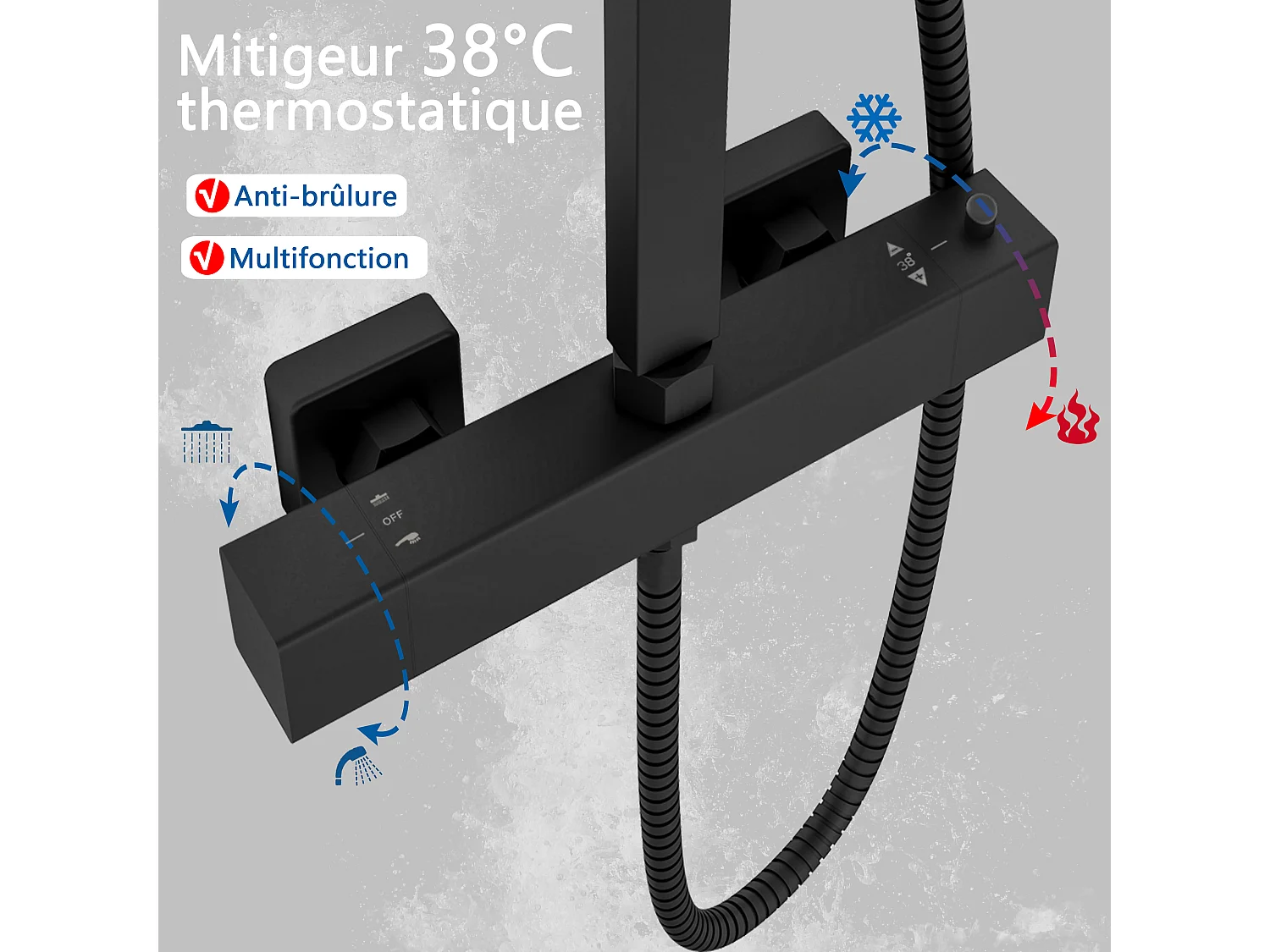 AICA Colonne de Douche Thermostatique 38°C Ensemble de Douche Noir avec Pomme haute 30cm+Douchette 3 Jets Hauteur Réglable 73-115 cm Laiton & Acier Inox