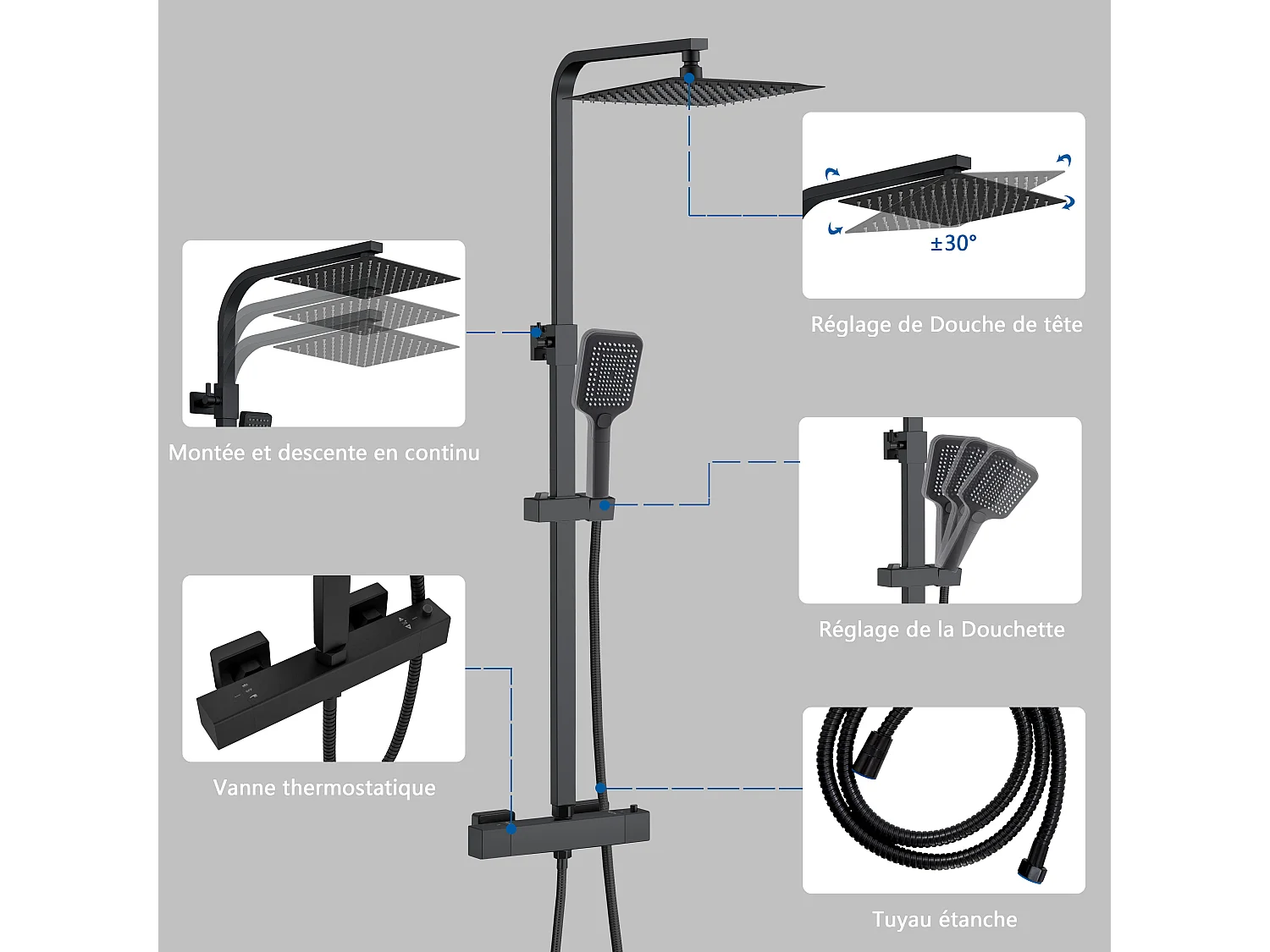 AICA Colonne de Douche Thermostatique 38°C Ensemble de Douche Noir avec Pomme haute 30cm+Douchette 3 Jets Hauteur Réglable 73-115 cm Laiton & Acier Inox