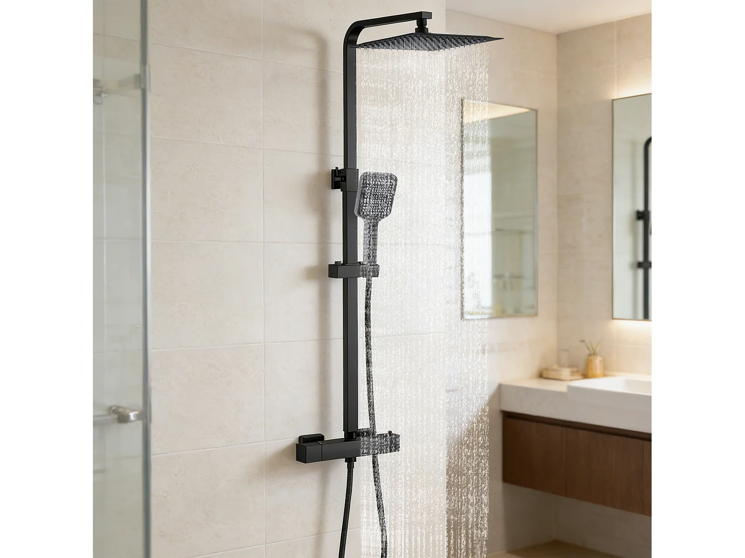 AICA Colonne de Douche Thermostatique 38°C Ensemble de Douche Noir avec Pomme haute 30cm+Douchette 3 Jets Hauteur Réglable 73-115 cm Laiton & Acier Inox