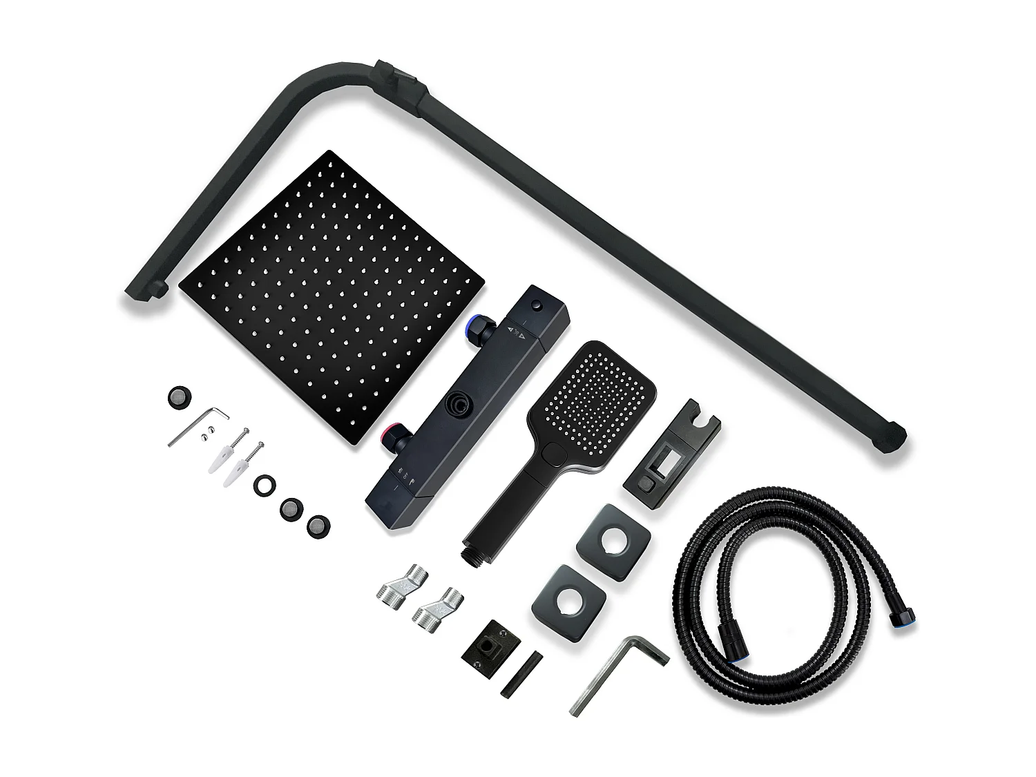 AICA Colonne de Douche Thermostatique 38°C Ensemble de Douche Noir avec Pomme haute 30cm+Douchette 3 Jets Hauteur Réglable 73-115 cm Laiton & Acier Inox