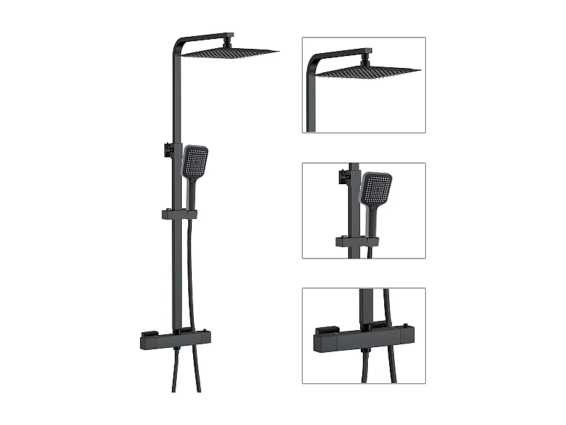 AICA Colonne de Douche Thermostatique 38°C Ensemble de Douche Noir avec Pomme haute 30cm+Douchette 3 Jets Hauteur Réglable 73-115 cm Laiton & Acier Inox