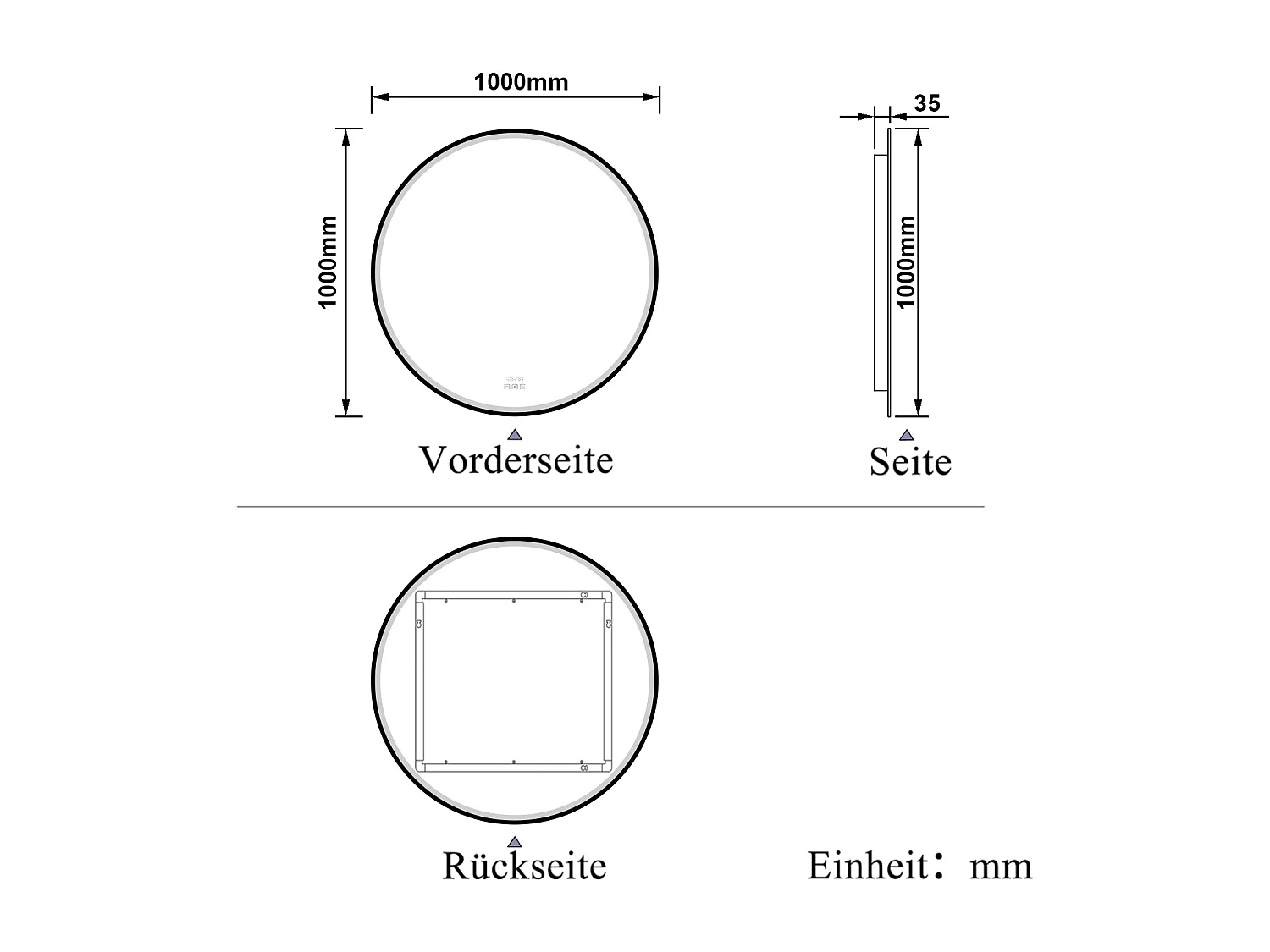 AICA LED Badspiegel Rund 100cm Beschlagfrei Bluetooth Uhr 3 Lichtfarbe Dimmbar - Schwarzem Rahmen
