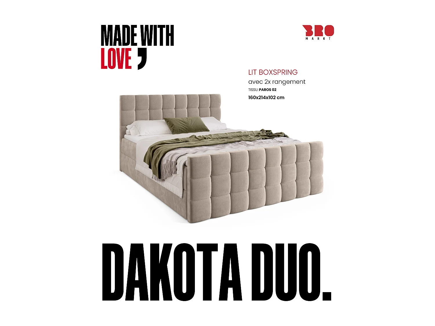 Lit boxspring avec rangement DAKOTA DUO - matelas - surmatelas - beige - 160x200 cm