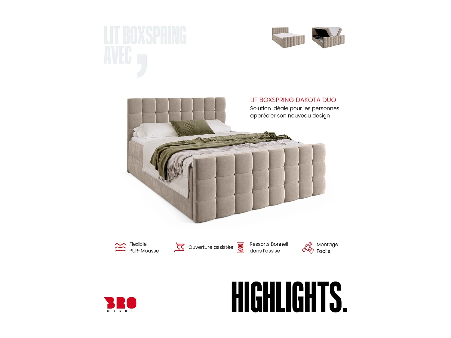 Lit boxspring avec rangement DAKOTA DUO - matelas - surmatelas - beige - 160x200 cm