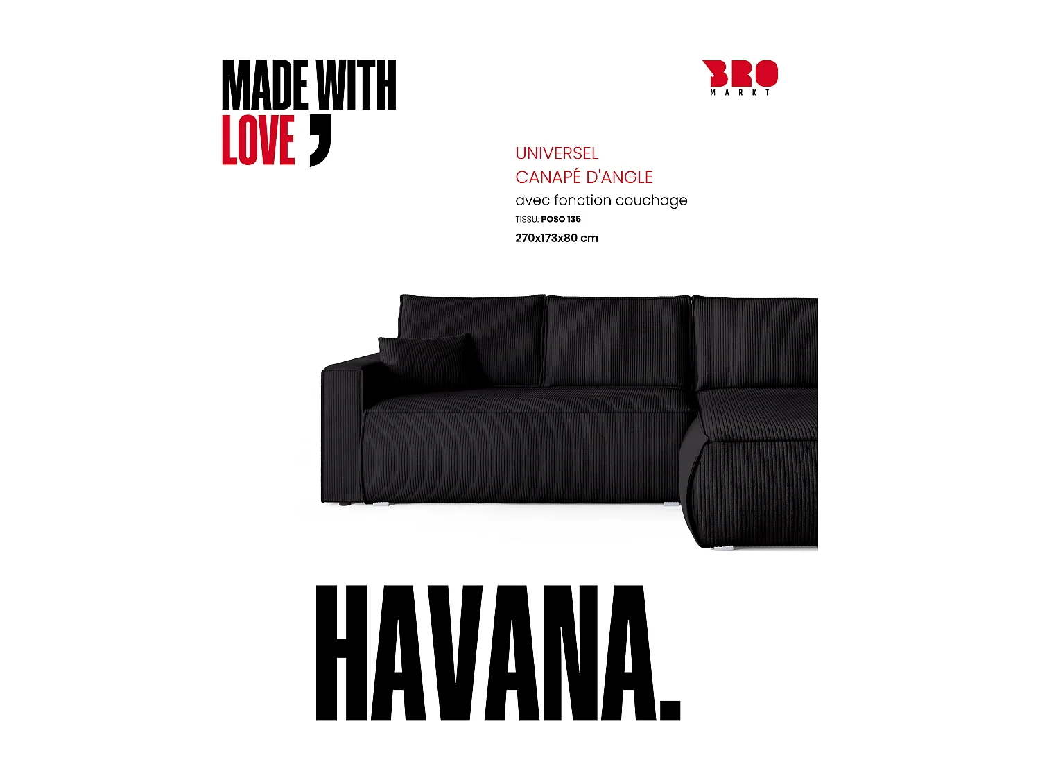 Canapé d'angle convertible, en velours côtelé HAVANA Noir