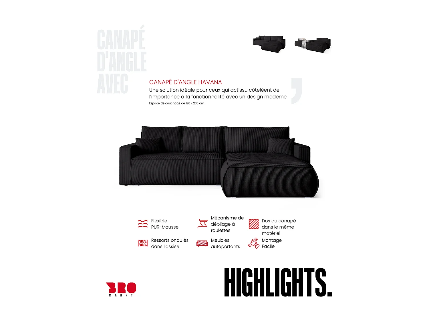 Canapé d'angle convertible, en velours côtelé HAVANA Noir