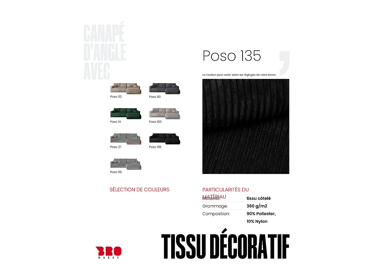 Canapé d'angle convertible, en velours côtelé HAVANA Noir