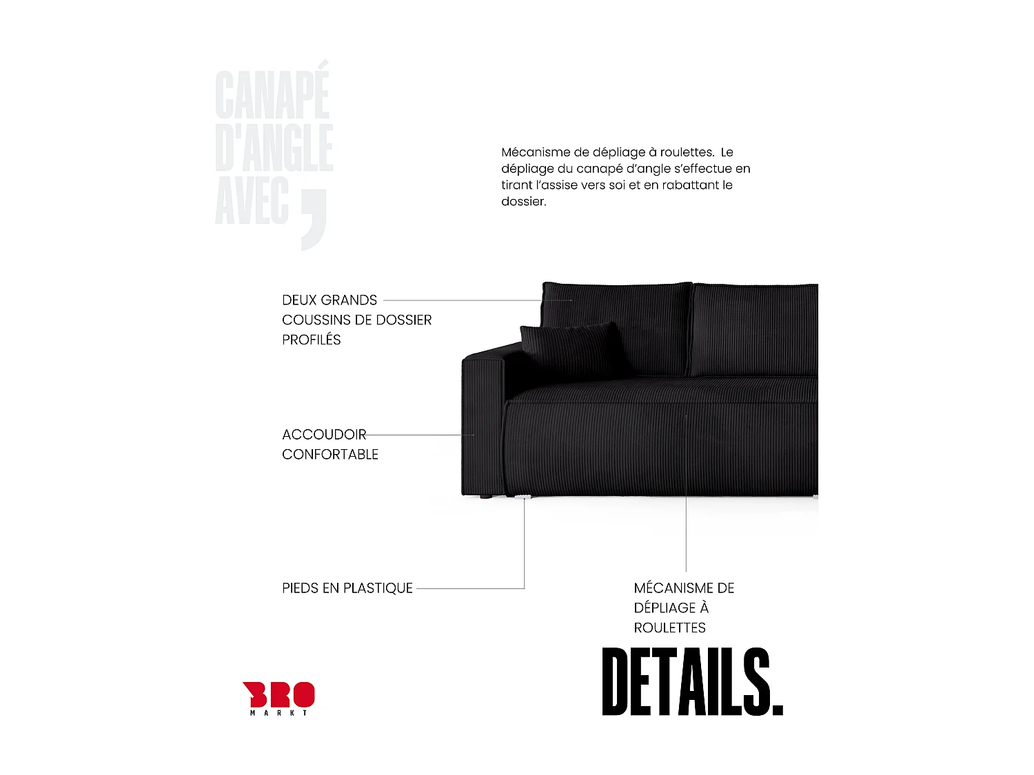 Canapé d'angle convertible, en velours côtelé HAVANA Noir