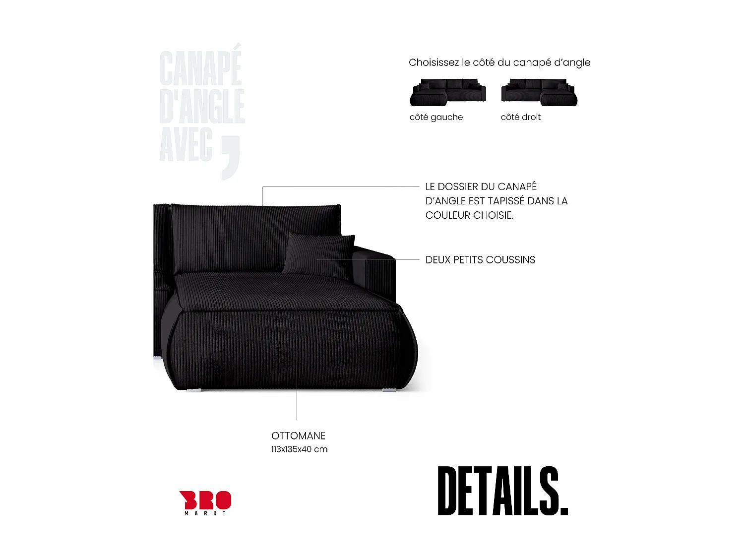 Canapé d'angle convertible, en velours côtelé HAVANA Noir