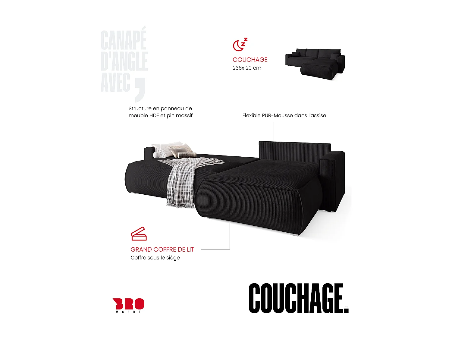 Canapé d'angle convertible, en velours côtelé HAVANA Noir