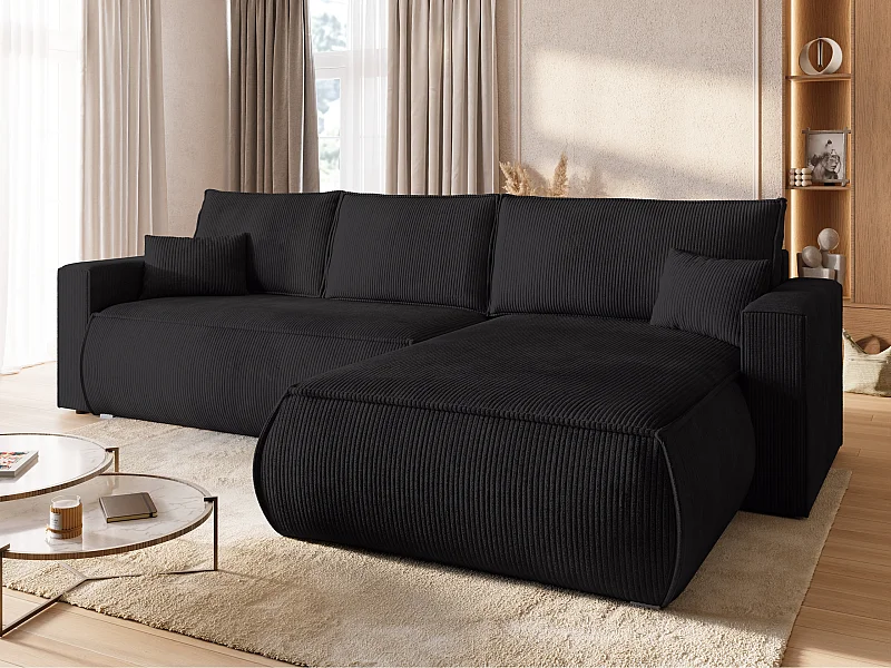 Canapé d'angle convertible, en velours côtelé HAVANA Noir