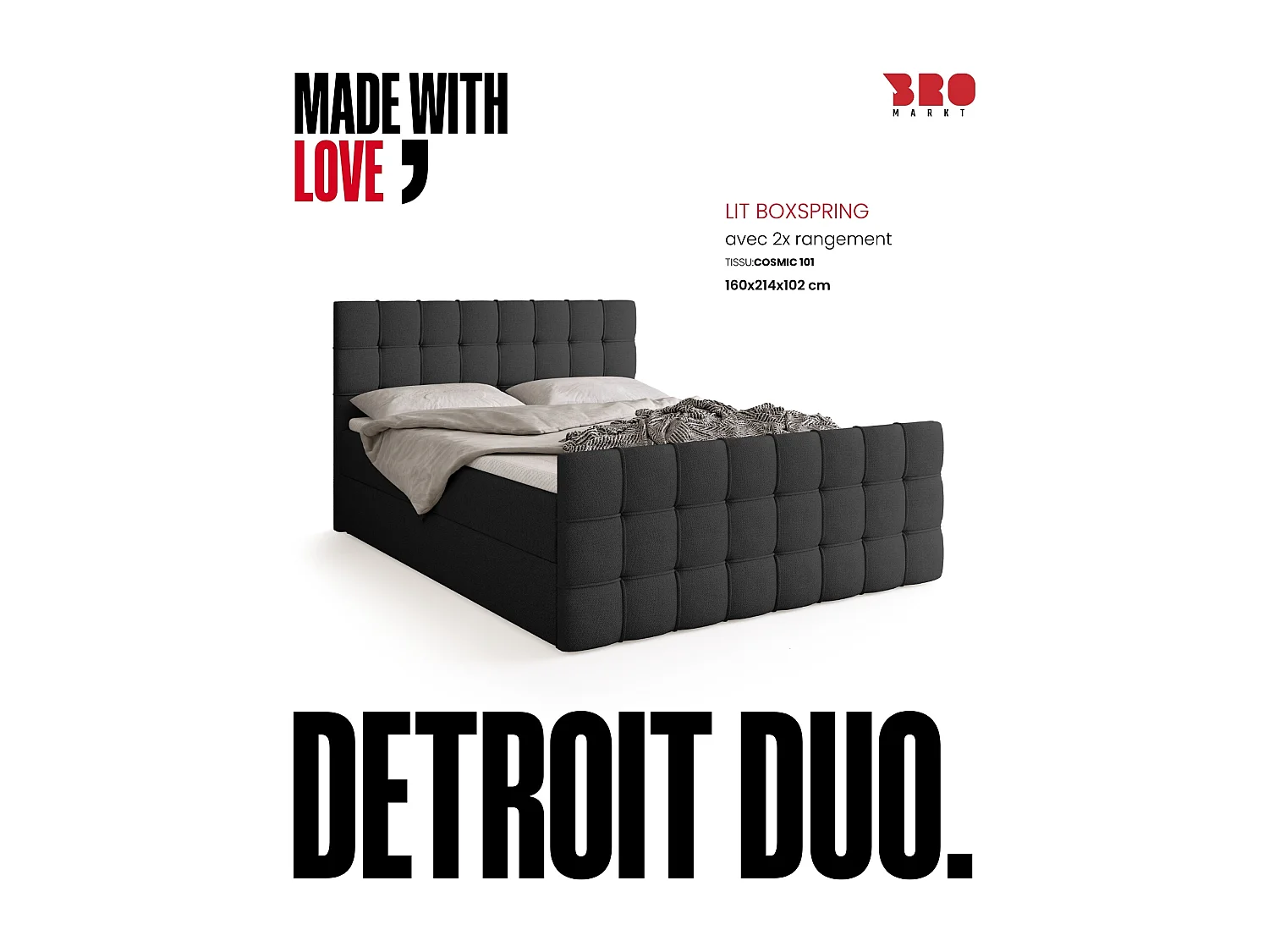 Lit boxspring avec rangement DETROIT DUO - matelas - surmatelas - gris foncé - 160x200 cm