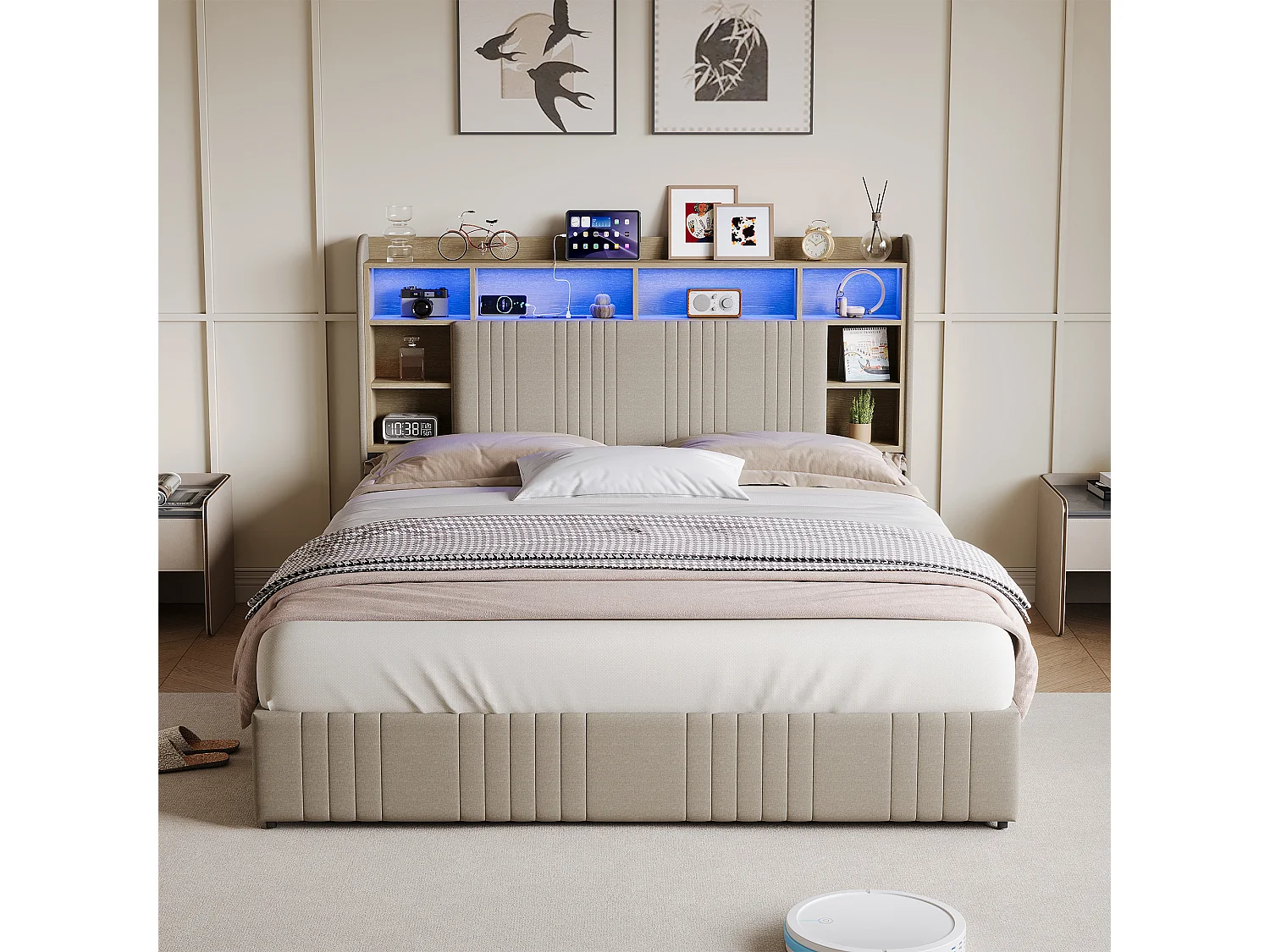 Bett (160 x 200 cm) mit 4 Schubladen, LED-Beleuchtung, USB-C-Anschluss, Nachttischen mit Stauraum, offenen Fächern und Lattenrost – Beige