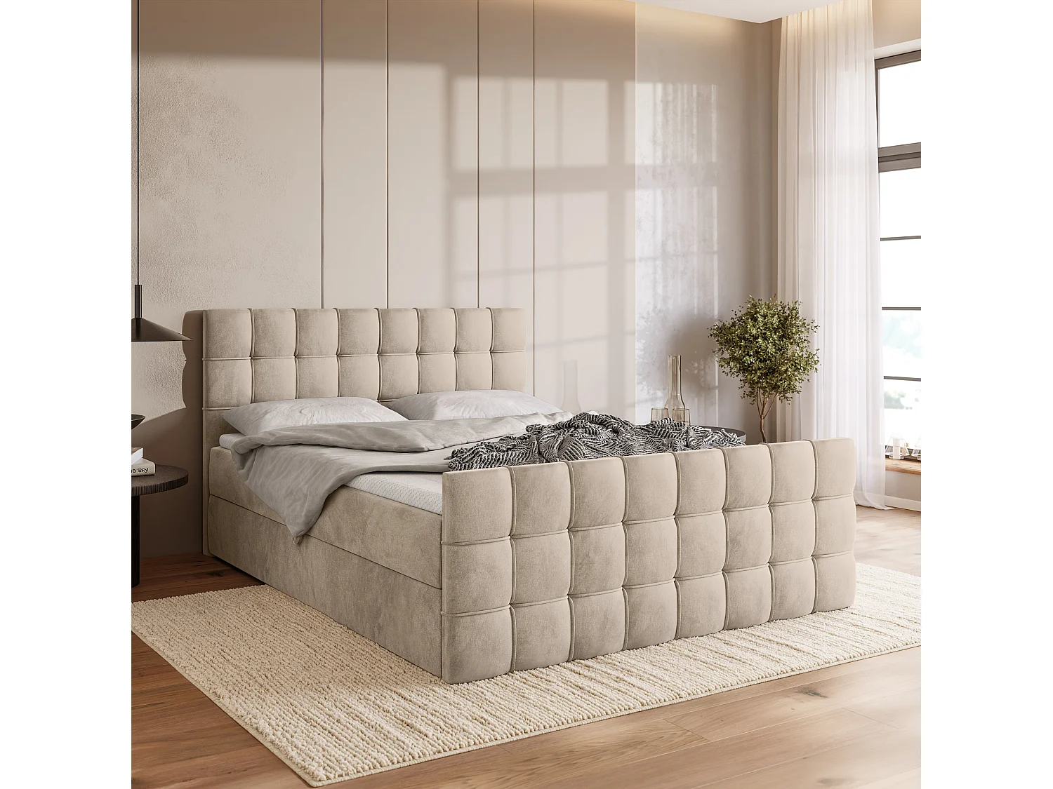 Lit boxspring avec rangement DETROIT DUO - matelas - surmatelas - camel - 160x200 cm