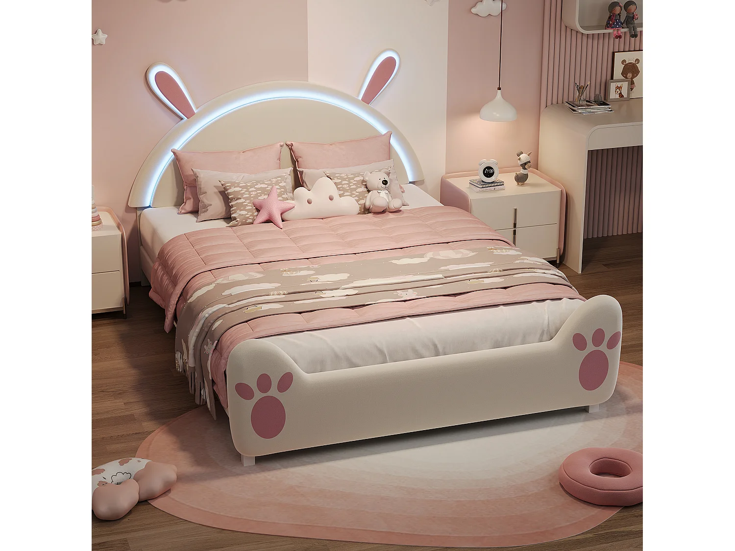 Kinderbett 140x200 cm Hase mit LED-Beleuchtung, Hasenohren-Design, weiß-rosa Gestell