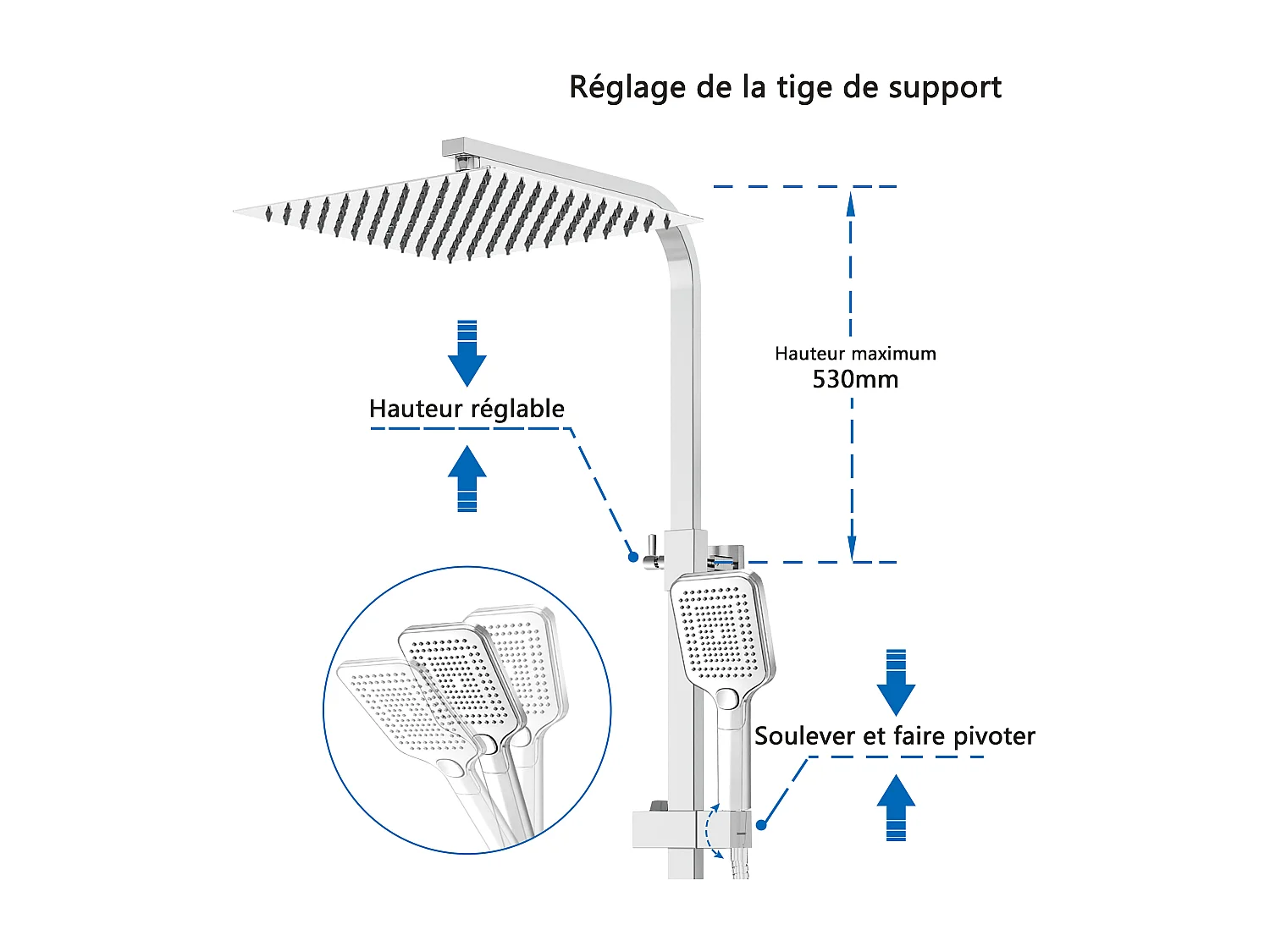 AICA Colonne de douche argent Ensemble de douche thermostatique Carré 30*30 cm Pommeau douche 3 jets Hauteur 73-115 cm