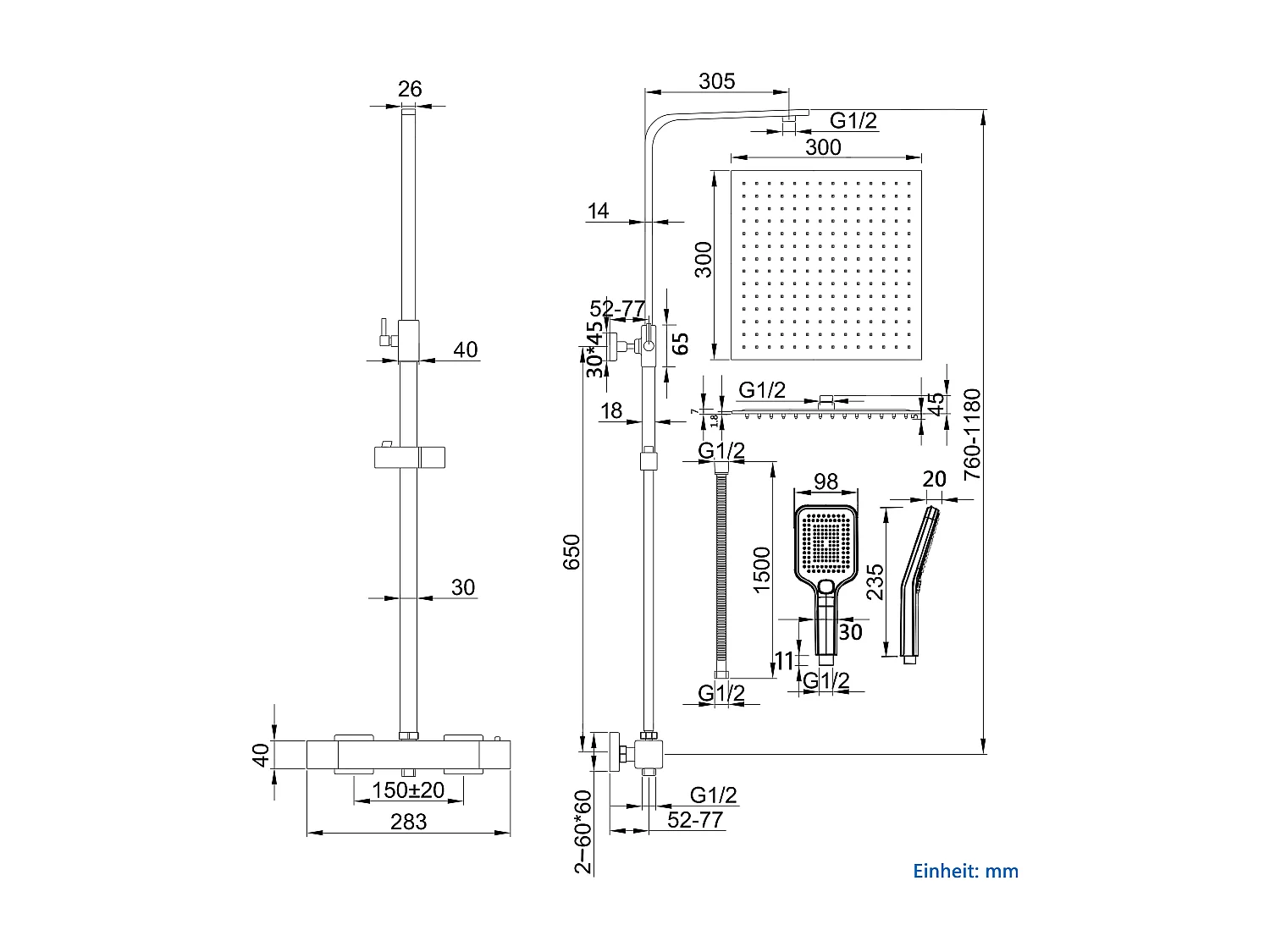 AICA Colonne de douche argent Ensemble de douche thermostatique Carré 30*30 cm Pommeau douche 3 jets Hauteur 73-115 cm