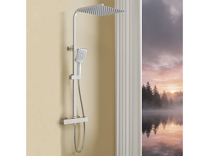 AICA Colonne de douche argent Ensemble de douche thermostatique Carré 30*30 cm Pommeau douche 3 jets Hauteur 73-115 cm