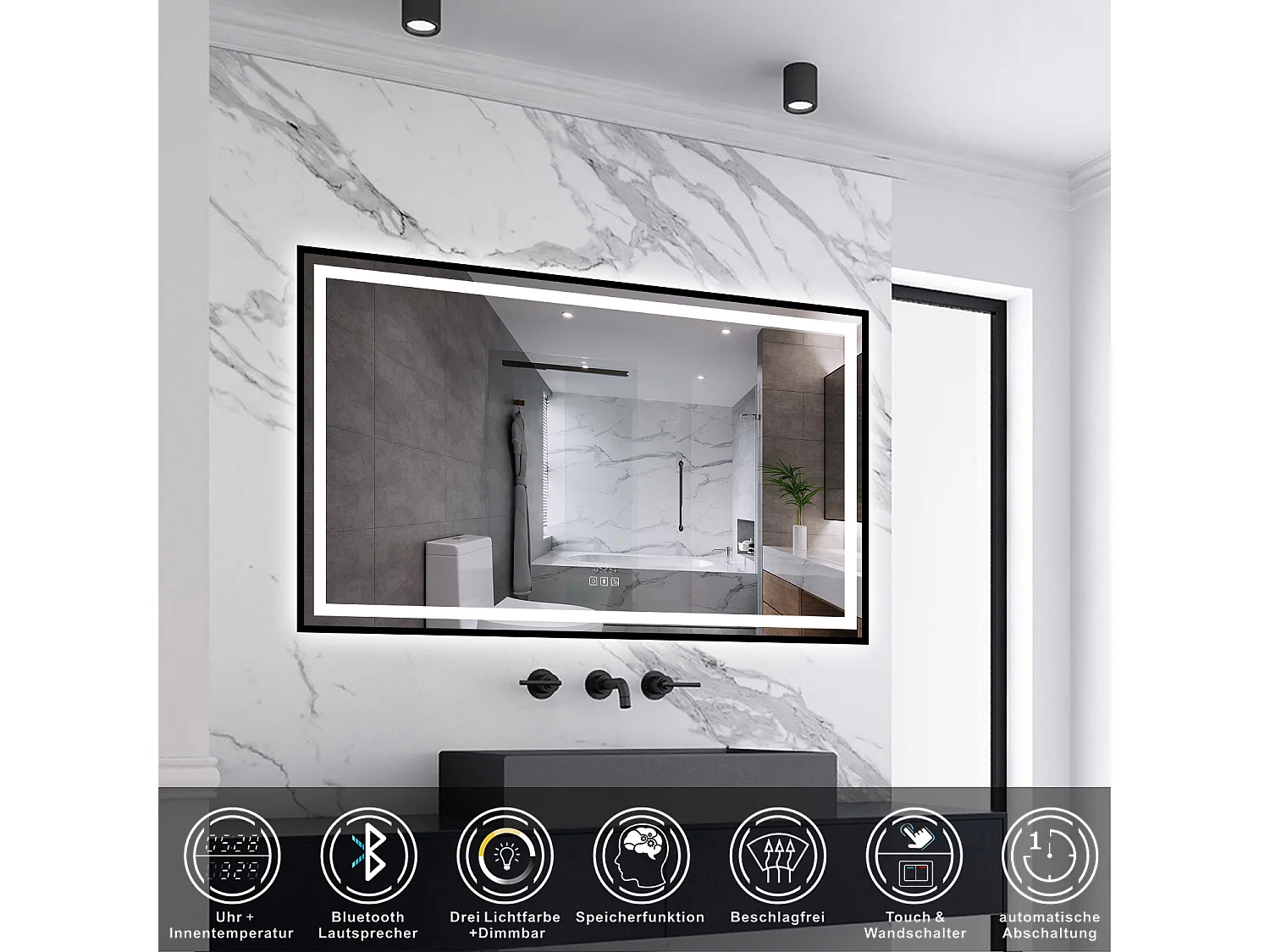 AICA LED Badspiegel Rechteck 120x80cm Beschlagfrei Bluetooth Uhr 3 Lichtfarbe Dimmbar - Schwarzem Rahmen