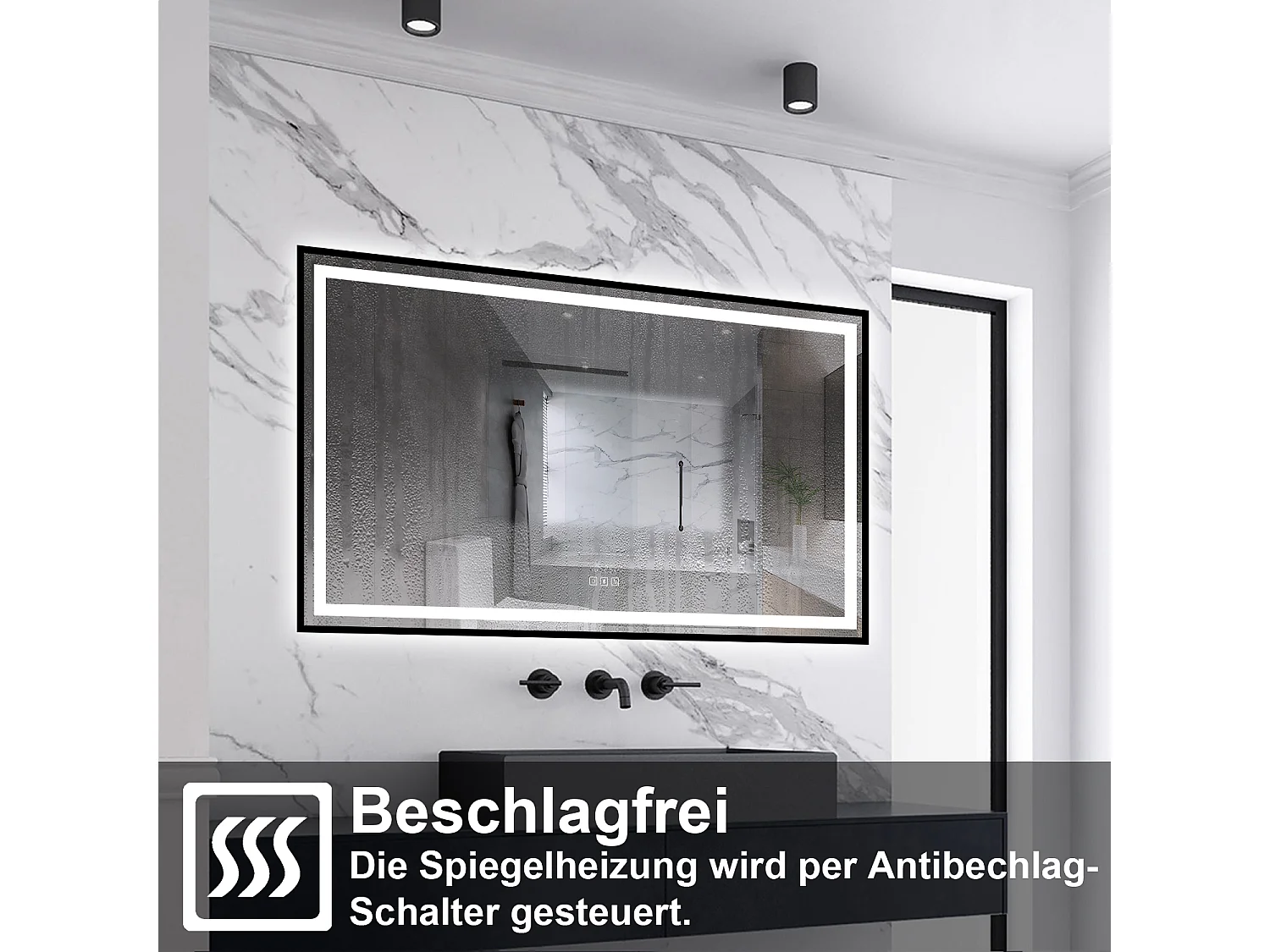 AICA LED Badspiegel Rechteck 120x80cm Beschlagfrei Bluetooth Uhr 3 Lichtfarbe Dimmbar - Schwarzem Rahmen