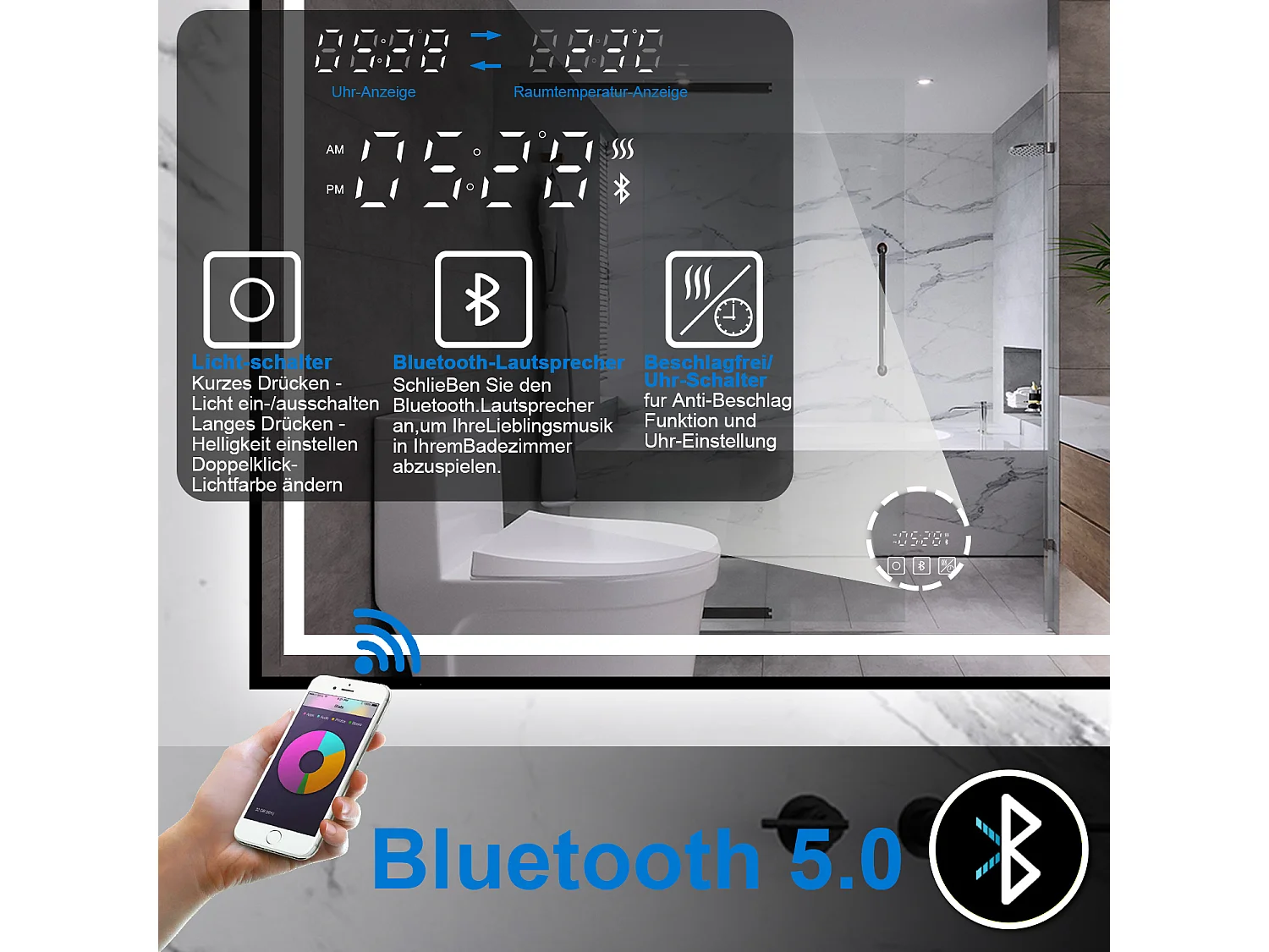 AICA LED Badspiegel Rechteck 120x80cm Beschlagfrei Bluetooth Uhr 3 Lichtfarbe Dimmbar - Schwarzem Rahmen