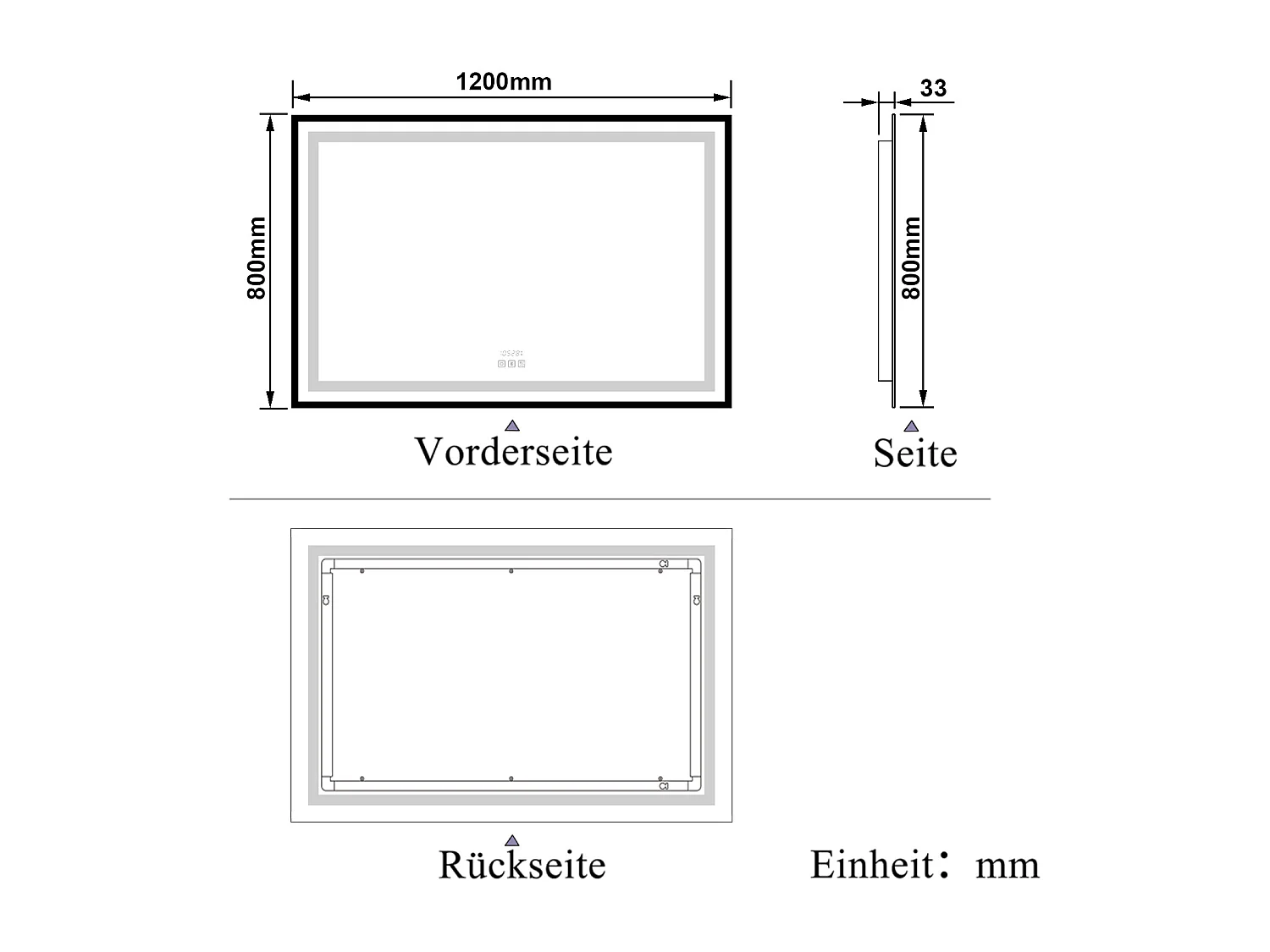 AICA LED Badspiegel Rechteck 120x80cm Beschlagfrei Bluetooth Uhr 3 Lichtfarbe Dimmbar - Schwarzem Rahmen