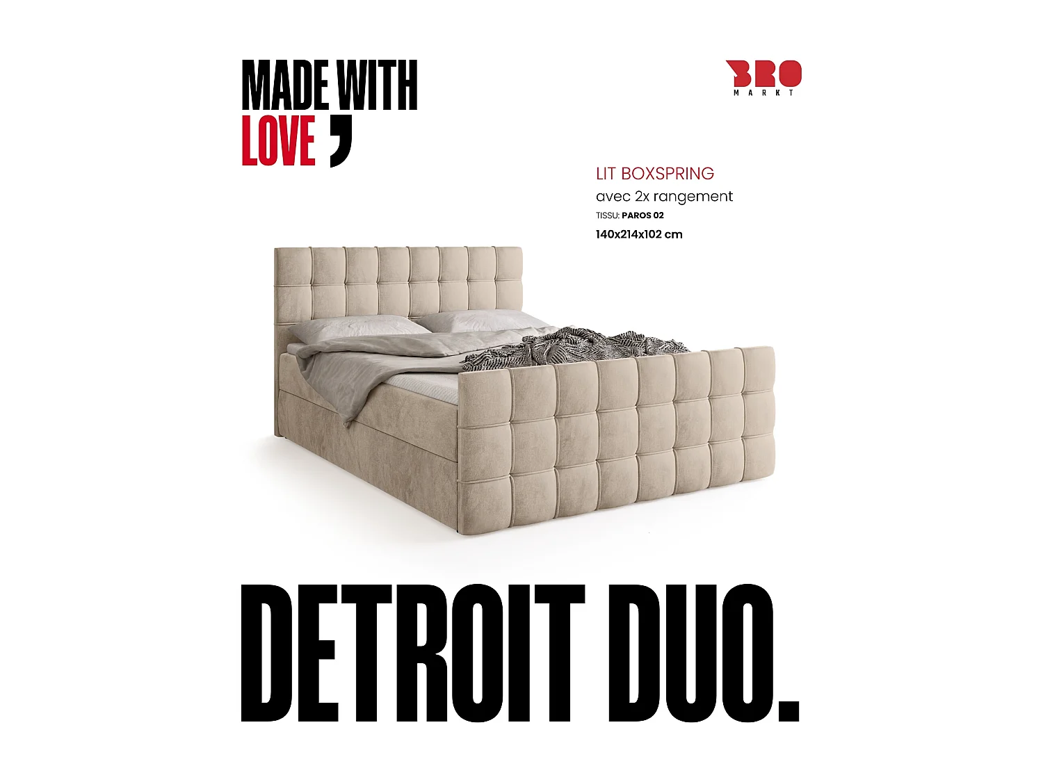 Lit boxspring avec rangement DETROIT DUO - matelas - surmatelas - camel - 140x200 cm