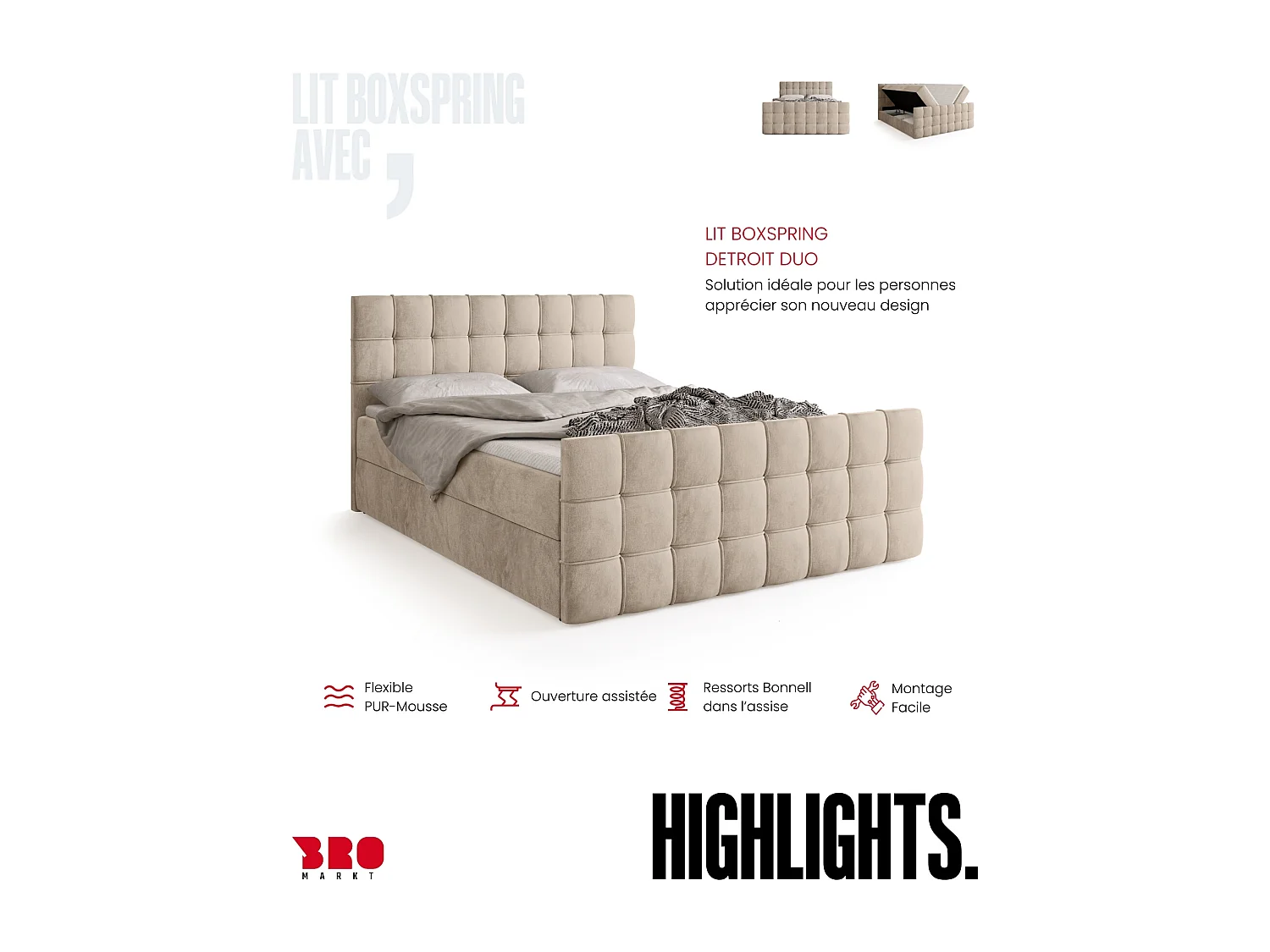 Lit boxspring avec rangement DETROIT DUO - matelas - surmatelas - camel - 140x200 cm