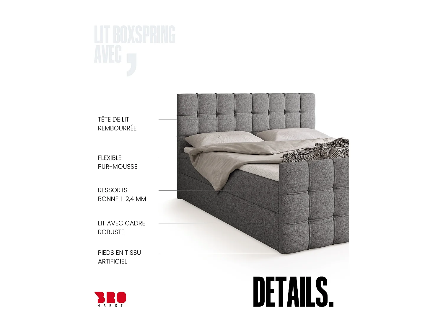 Lit boxspring avec rangement DETROIT DUO - matelas - surmatelas - gris clair - 140x200 cm