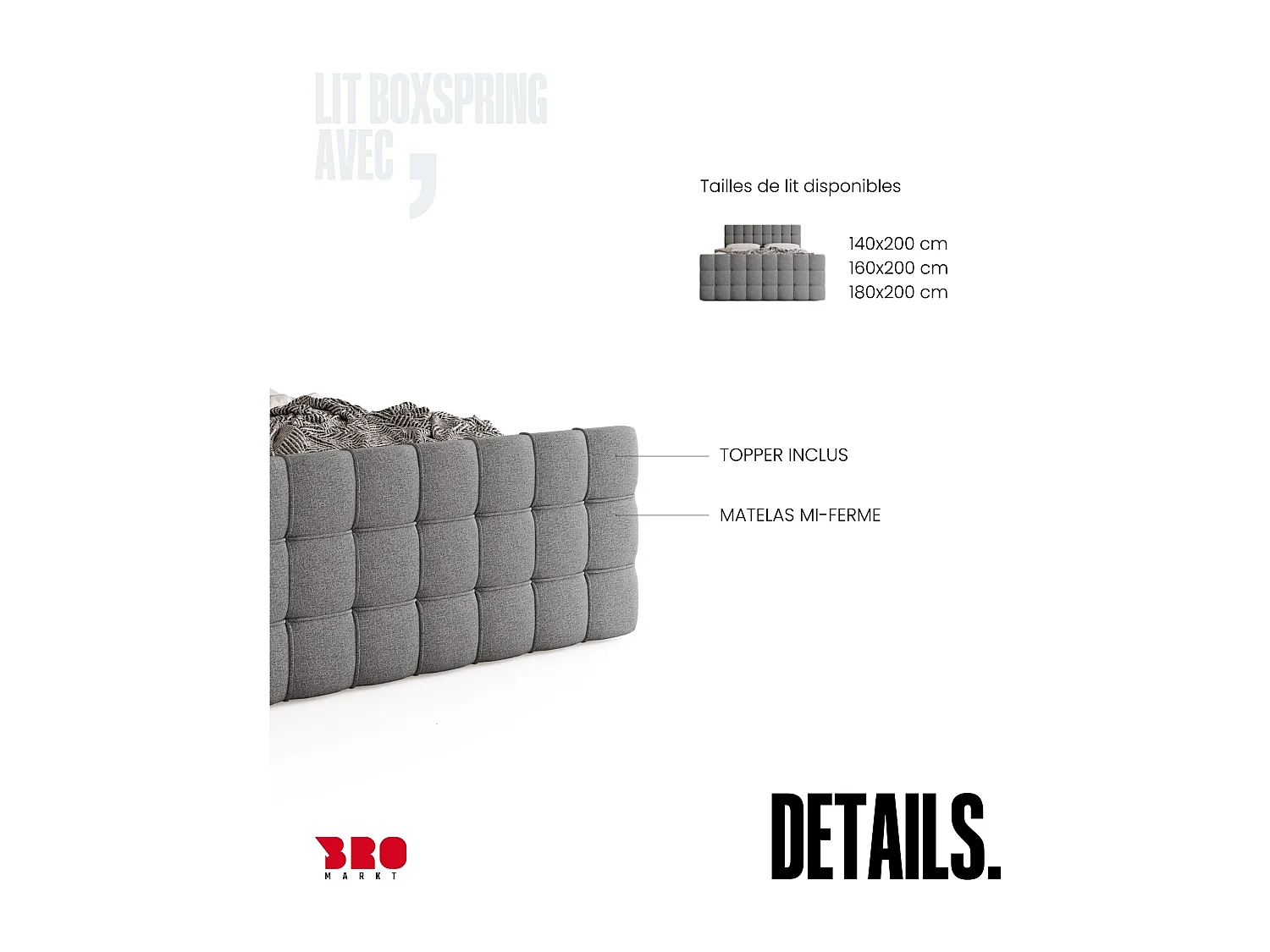 Lit boxspring avec rangement DETROIT DUO - matelas - surmatelas - gris clair - 140x200 cm